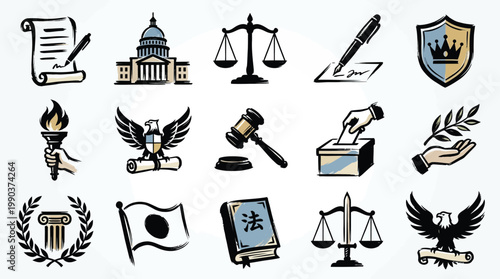 Collection of legal and governmental icons representing justice, law, and civic engagement.