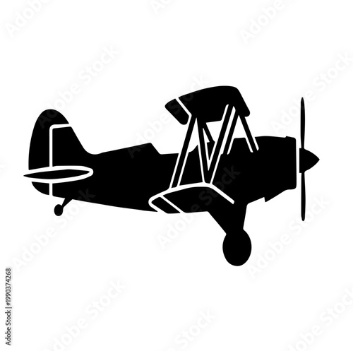 Vintage Biplane Aircraft Vector Illustration Silhouette Icon of Classic Propeller Airplane for Aviation Design Template and Retro Logo
