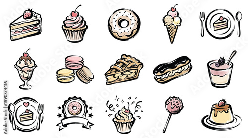A delightful collection of hand-drawn illustrations featuring various sweet desserts and pastries, perfect for culinary themes.