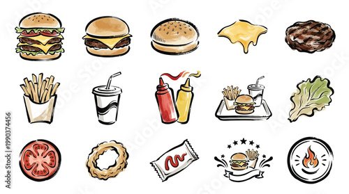 A collection of hand-drawn watercolor illustrations depicting various elements of a classic American fast-food meal, including burgers, fries, and condiments.