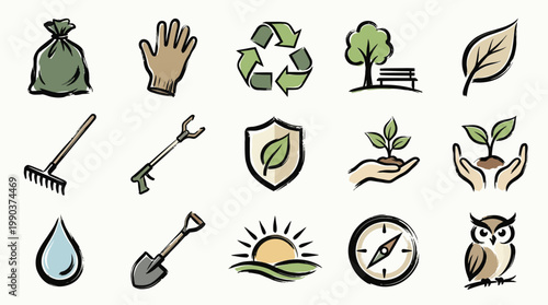A collection of gardening, and nature, including a trash bag, gardening tools, a recycling symbol, a tree, a leaf, a seedling, a compass, and an owl.
