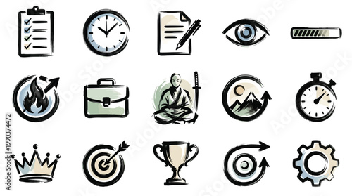 A collection of icons , including a checklist, clock, document, eye, progress bar, flame, briefcase, meditating figure, mountain, stopwatch, crown, target, trophy, cycle, and gear.