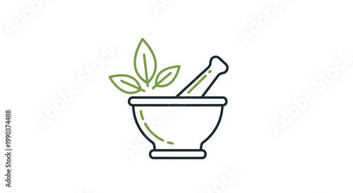 Herbal medicine illustration with mortar and pestle on white background