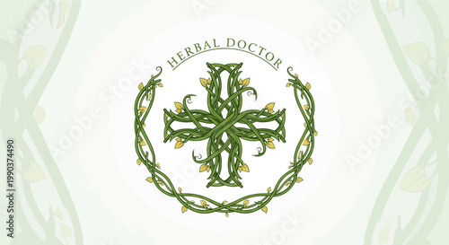 Herbal doctor logo design with green floral elements on white background