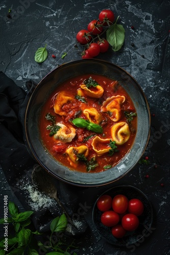 Creamy tomato soup with cheese tortellini and fresh basil garnish