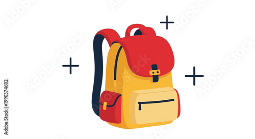 Illustrated backpack design with red and yellow colors on white background