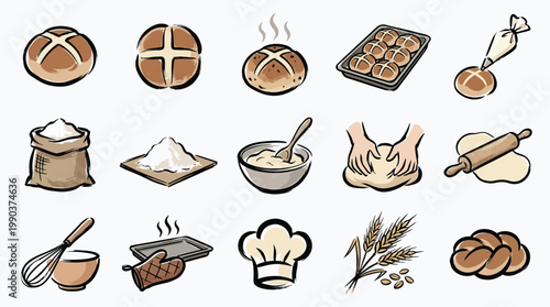 A collection of charming hand-drawn illustrations depicting various elements of baking, from finished bread products to the ingredients and tools used in their creation.