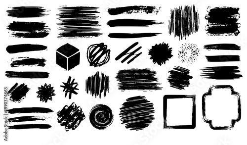Trendy grunge black paint brush strokes set with abstract marks frames and ink lines vector collection