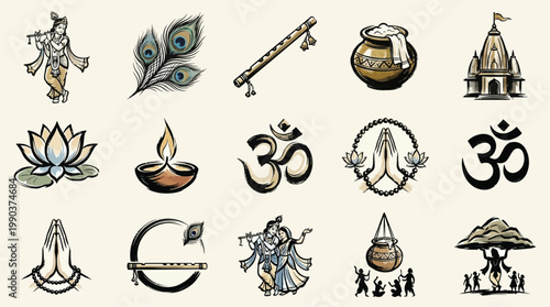 A collection of Hindu religious symbols and deities, including Lord Krishna, lotus flowers, peacock feathers, and the Om symbol, presented in a stylized illustration.