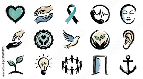 Collection of diverse icons representing concepts like health, support, community, hope, and growth.