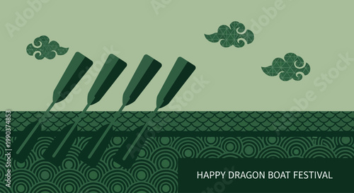 Four dark green dragon boat paddles arranged in a row.