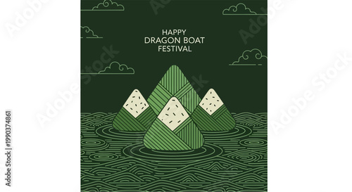 Three Zongzi Dumplings Decorated with Traditional Patterns for Dragon Boat Festival.