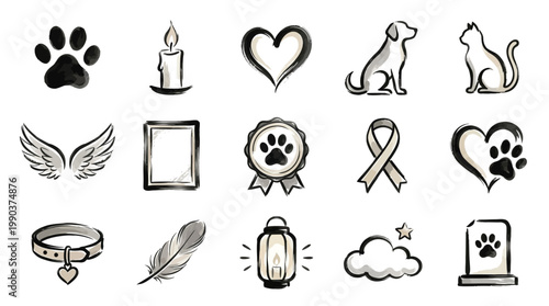 Collection of hand-drawn pet memorial icons including paw prints, hearts, wings, candles, and pet-related symbols.