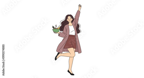 Happy young woman holding a green bowl and cheering with joy.