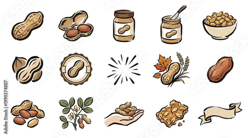 A collection of various forms of peanuts and peanut products, including whole peanuts, shelled peanuts, peanut butter jars, a bowl of peanuts, peanut plants, and peanut brittle.