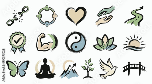 A collection of hand-drawn icons representing concepts of well-being, personal growth, and positive life elements.