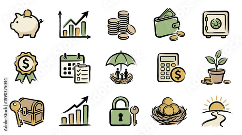 A collection of hand-drawn icons representing various financial and investment concepts, including savings, growth, security, and planning.