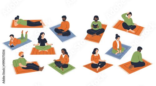 Diverse group of people practicing yoga, meditation, and reading on colorful mats illustration of wellness, mindfulness, and relaxation activities