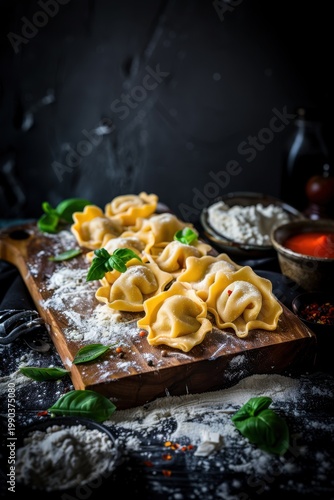 Fresh uncooked tortellini pasta dusted with flour on a dark rustic surface