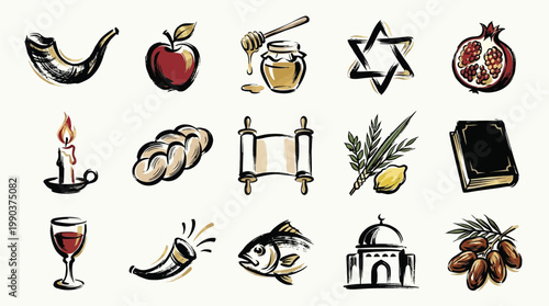 A collection of hand-drawn illustrations representing various symbols associated with Jewish culture and religious holidays.