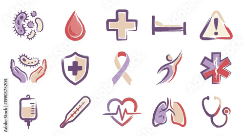 Collection of medical and healthcare icons representing various aspects of health, disease, and treatment.