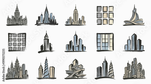A collection of stylized, hand-drawn illustrations of various city skylines and architectural structures, presented in a grid layout.