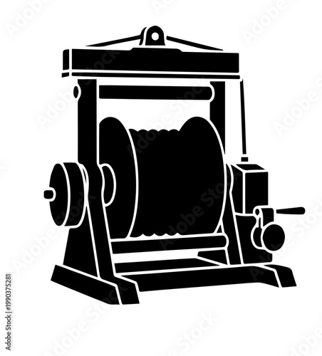 Heavy Duty Industrial Cable Reel Winch Vector Illustration for Construction Site Machinery Silhouette Clipart Professional Lifting Equipment Design