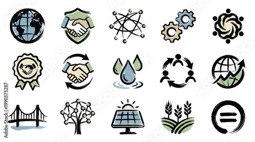 A collection of hand-drawn icons representing global sustainability, business partnerships, technological innovation, and environmental stewardship.