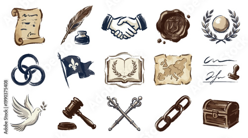 A collection of vintage-style icons representing concepts like law, justice, peace, history, and authority, rendered in a hand-drawn aesthetic.