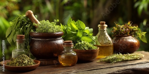 Fresh Green Herbs and Spices Displayed in Beautiful Containers on Wooden Table Surrounded by Lush Greenery and Natural Ingredients