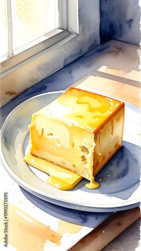 Watercolor Painting Of A Golden Cube Cake With Honey Syrup On A White Plate A Sunlit Window With Soft Morning Light And Blue Shadows