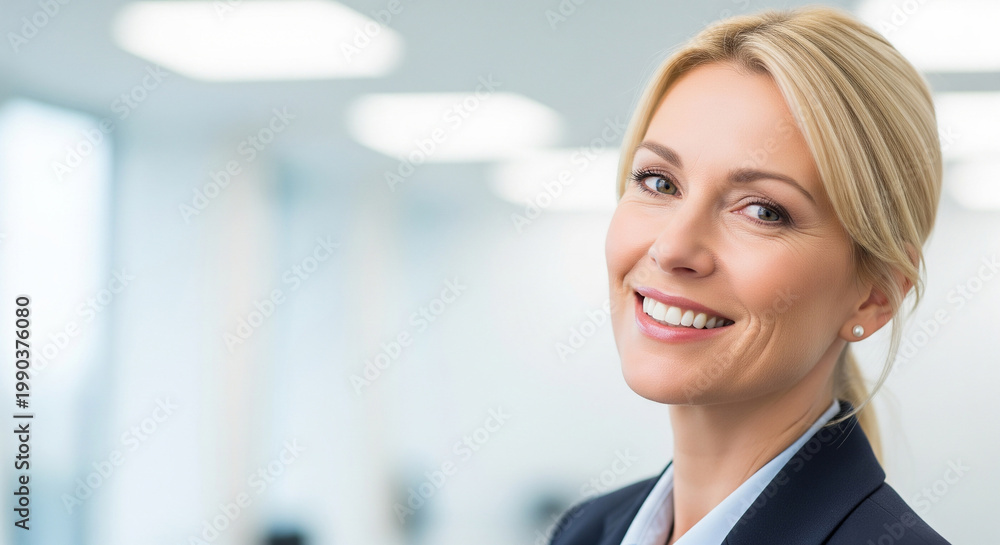 Fototapeta premium Friendly looking businesswoman smiling warmly near a window perfect for corporate profile and professional presentations