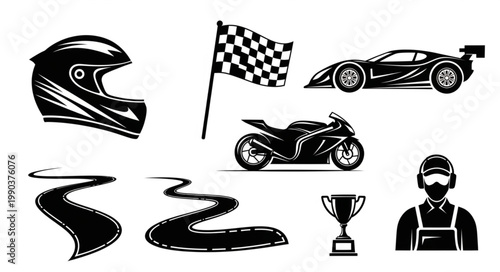 Collection of racing elements including helmet motorcycle car flag trophy and track.