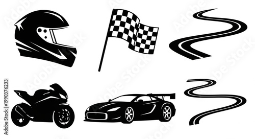 Racing elements including helmet motorcycle car checkered flag and roads.