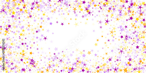 Positive diffused stars vector background. Christmas decorative particles in purple orange colors. Flickering star shapes pattern. Brilliance concept. Heaven abstract objects.