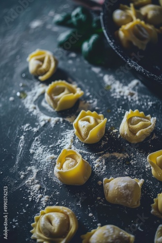 Fresh uncooked tortellini pasta on a dark minimalist background
