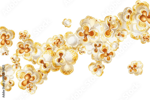 Numerous pieces of fluffy, popped corn scattered vector illustration. Excellent for home theater advertising. Vibrant explosion of popcorn kernels.
