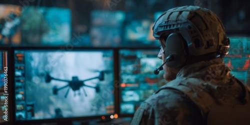 Military Personnel Monitoring Drone Activity in High-Tech Control Room Surrounded by Computer Screens and Tactical Displays