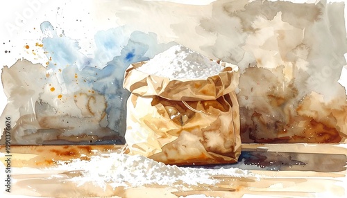 Watercolor Painting Of A Paper Bag Overflowing With White Flour On A Wooden Surface With An Artistic Abstract Background Wash