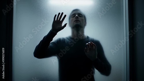 Man Trapped Behind Frosted Glass Pane with Hands Pressed