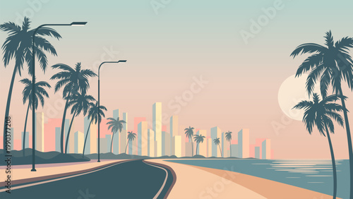 Coastal resort town at sunset. Tropical landscape of a road along a sandy ocean beach leading to the city with palm trees on the side. Vector illustration of summer cityscape.
