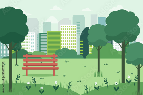 City summer park. A beautiful park with a wooden bench, green trees and grass against a backdrop of skyscrapers. Vector illustration of a recreation area with a lawn in a metropolis