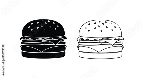 A black and white illustration depicts two cheeseburgers one dark and one light side by side high quality