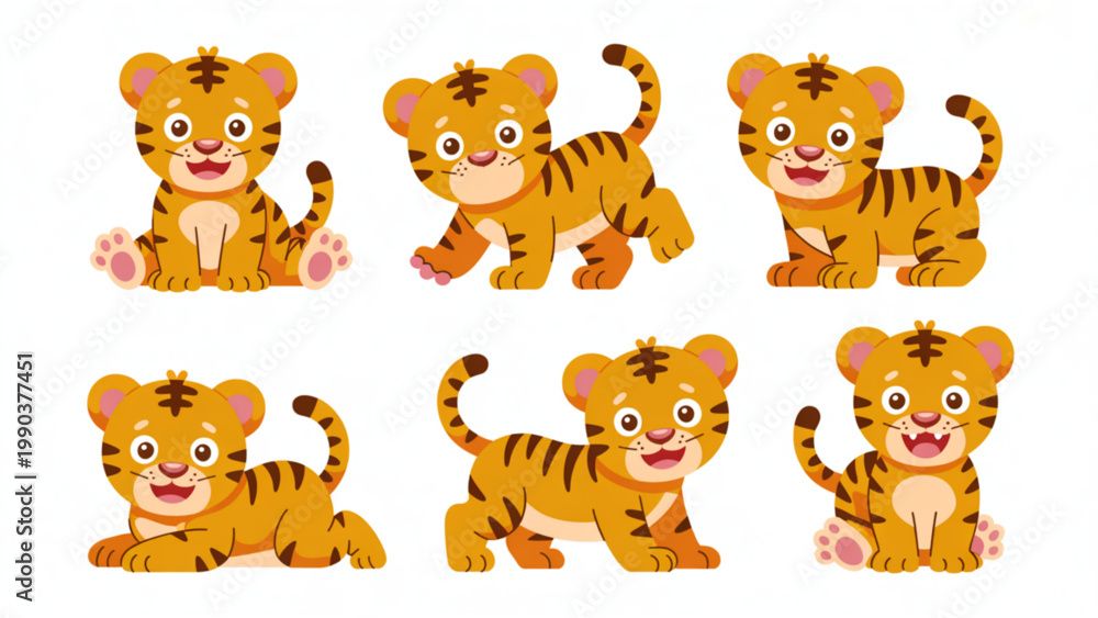 Obraz premium Cute Baby Tiger Character Set Colorful Flat Cartoon Tigers in Playful Poses