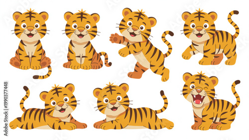 Cute Baby Tiger Character Set Colorful Flat Cartoon Tigers in Playful Poses