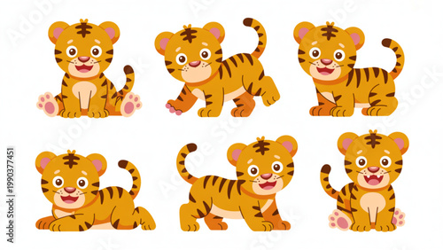 Cute Baby Tiger Character Set Colorful Flat Cartoon Tigers in Playful Poses