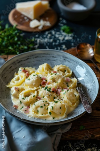 Creamy tortellini alla panna with diced ham and grated parmesan cheese