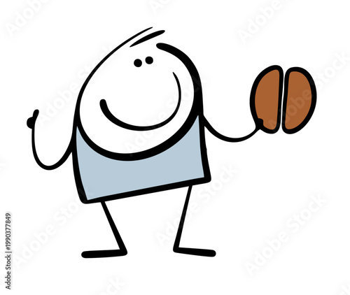 Cartoon man holds a new crop coffee bean from Brazil in his hand. Vector illustration advertising a hot drink. High-end coffee in trendy coffee shops and restaurants.
