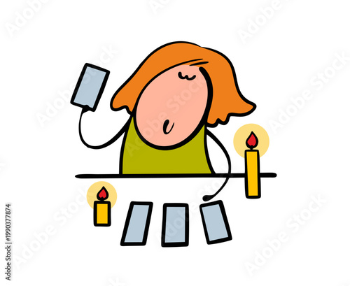 Oracle Cards.  Cartoon mysterious woman sits at a table by candlelight and lays out cards, guessing for the future.  Vector illustration of a fortune teller and a clairvoyant girl.
