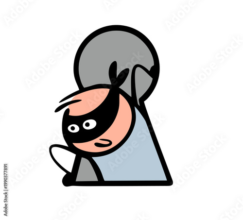 Robber in a black mask enters the house through the keyhole. Cyber security concept. Vector illustration of a virtual robbery on the Internet.
